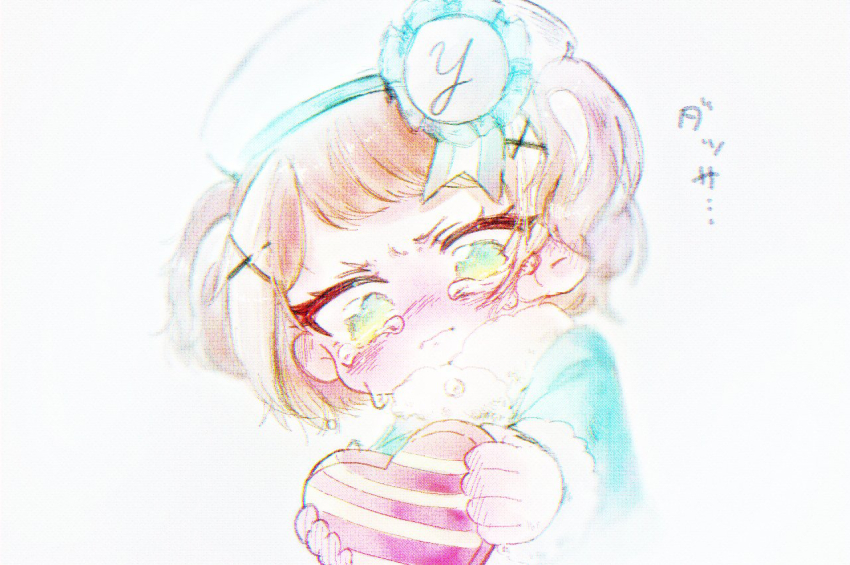 1girl, award_ribbon, blue_jacket, blush, brown_hair, commentary_request, crying, crying_with_eyes_open