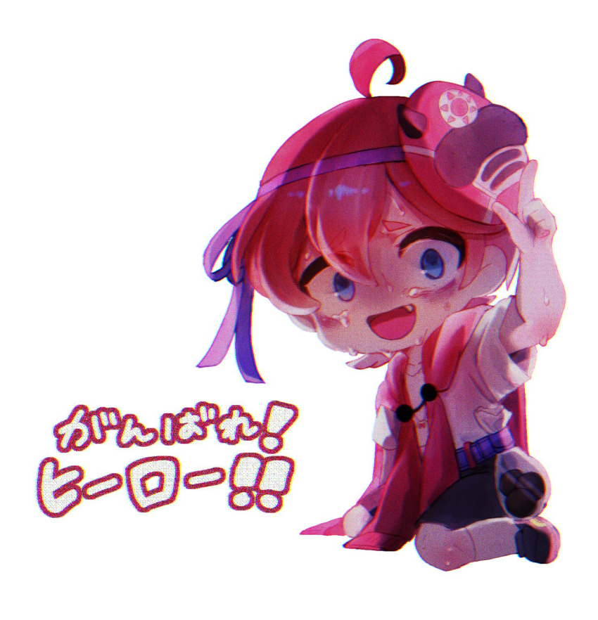 1boy, ahoge, belt, black_shoes, black_shorts, blue_belt, blue_eyes, chromatic_aberration, commentary_request, crying, crying_with_eyes_open, fang, film_grain, hair_between_eyes, highres, jacket, jacket_on_shoulders, kurwa_perkele, maimaimaigoen, mask, mask_on_head, open_mouth, red_hair, red_jacket, shinta_(maimaimaigoen), shirt, shoes, shorts, simple_background, smile, solo, sweat, tears, translated, white_background, white_shirt