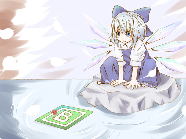 1girl, bad_id, bad_pixiv_id, blood, blue_eyes, blue_hair, cirno, female_focus