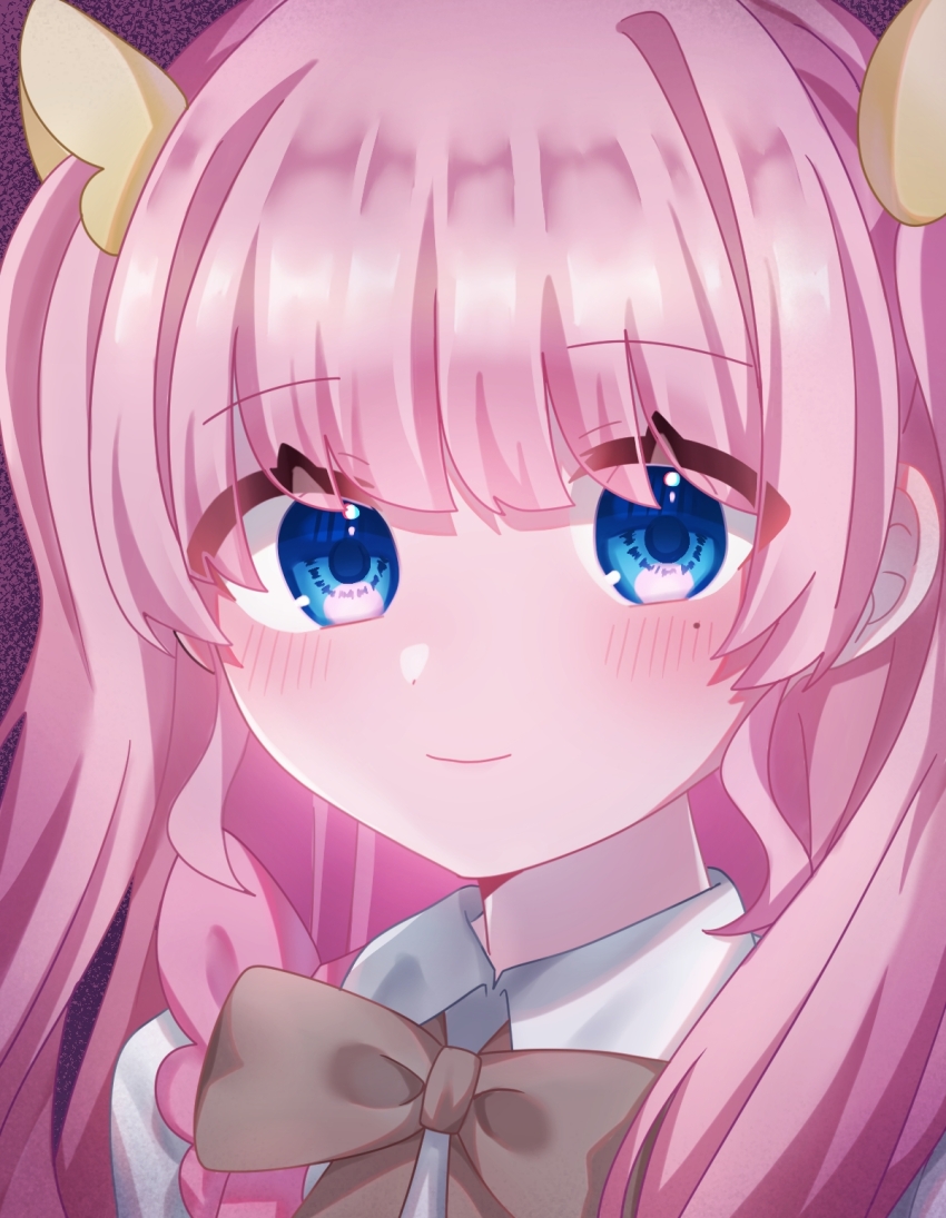 1girl, blue_eyes, brown_ribbon, closed_mouth, collared_shirt, commentary, eyes_visible_through_hair, highres, long_hair, looking_at_viewer, maimaimaigoen, maria_(maimaimaigoen), mole, mole_under_eye, neck_ribbon, noa_(pixiv95892219), pink_hair, portrait, ribbon, shirt, smile, solo, two_side_up, white_shirt