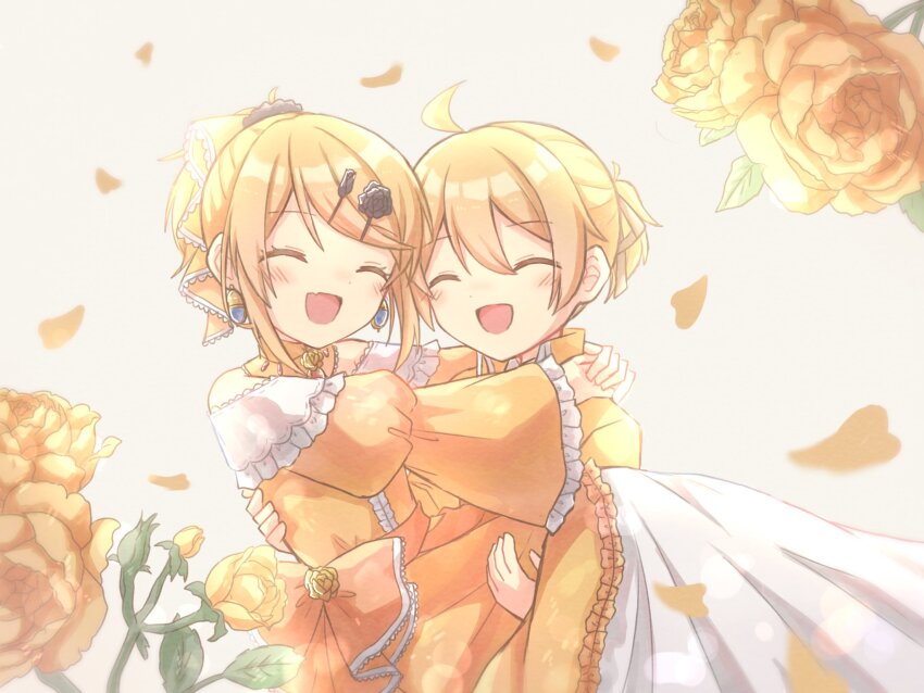 1boy, 1girl, ^_^, ahoge, anniversary, aquamarinu, arms_around_neck, bare_shoulders