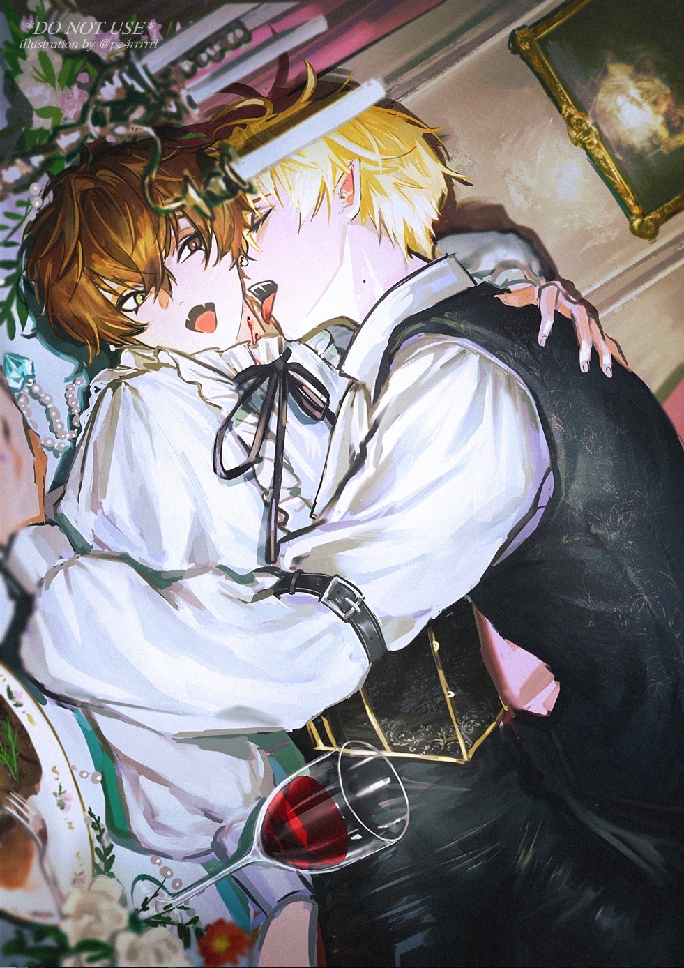 2boys, alban_knox, alcohol, bent_over, bite_mark, black_pants, black_vest, blonde_hair