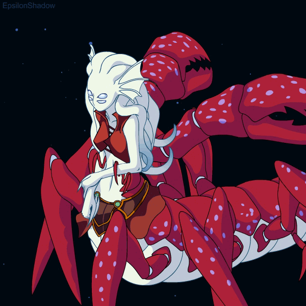 1girl, animated, animated_gif, arthropod_girl, arthropod_limbs, black_background, blue_eyes, breasts
