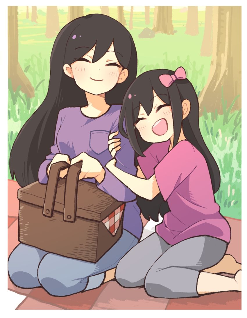 2girls, aged_down, aubrey_(faraway)_(omori), aubrey_(omori), barefoot, black_hair, blush, bow