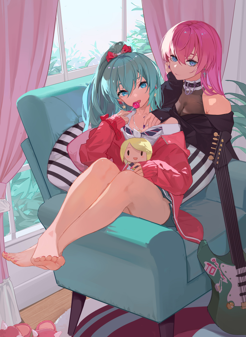 2girls, absurdres, acr_(dash), aqua_eyes, aqua_hair, aqua_shorts, armchair, bare_legs