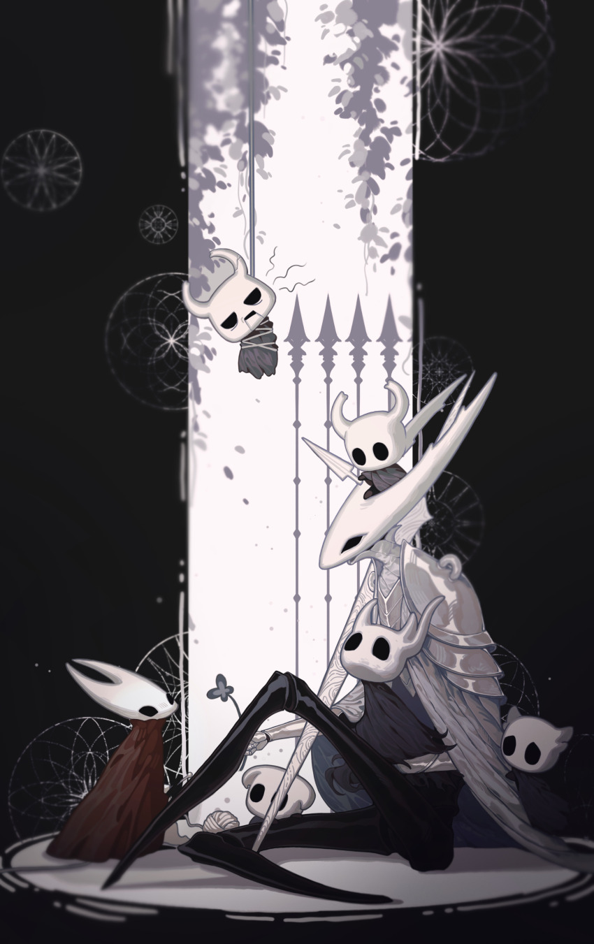 1boy, 1girl, 5others, absurdres, armor, body_armor, bound, cape, chinese_commentary, cloak, commentary_request, flower, full_body, greenpath_vessel_(hollow_knight), grey_flower, hanging, highres, holding, holding_flower, holding_sewing_needle, holding_weapon, hollow_knight, hollow_knight_(character), hornet_(hollow_knight), knee_up, knight_(hollow_knight), la_bo_chu_shi, multiple_others, nail_(hollow_knight), no_feet, on_head, pure_vessel, red_cloak, shoulder_armor, sitting, tied_up_(nonsexual), weapon, white_armor, white_cape, yarn, yarn_ball, zote