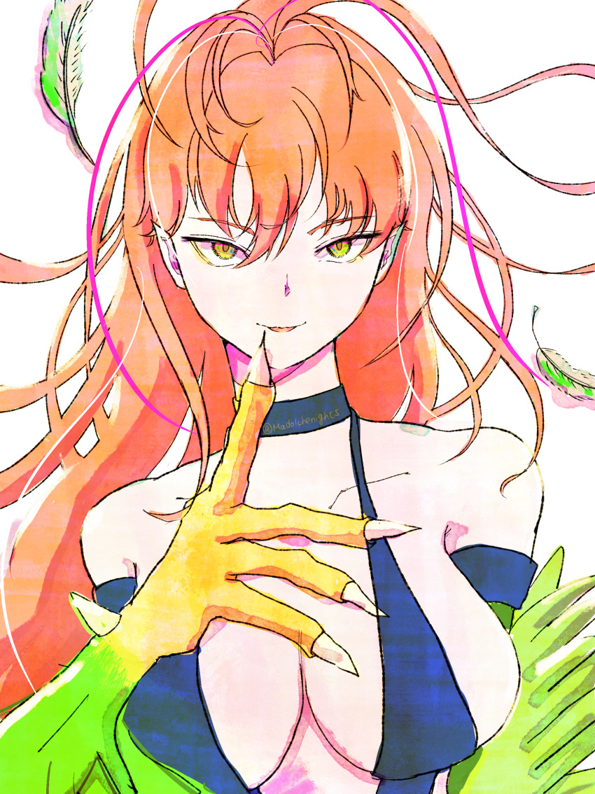 1girl, absurdres, bare_shoulders, breasts, claws, duel_monster, feathered_wings, feathers