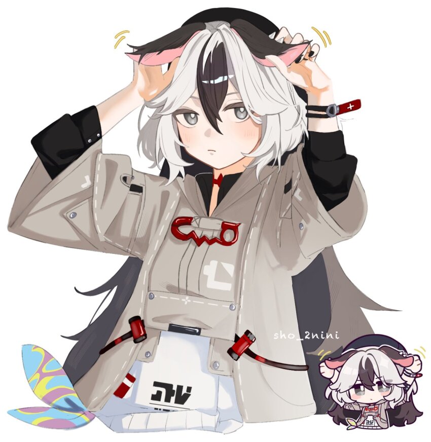 1girl, animal_ears, arms_up, beret, black_hair, black_headwear, black_nails, commentary_request