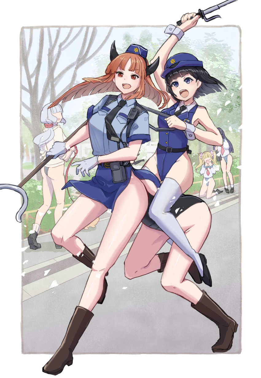 5girls, arm_up, bare_tree, baton_(weapon), belt, black_belt, black_footwear, black_hair, black_leotard, black_necktie, blonde_hair, blue_eyes, blue_headwear, blue_leotard, blue_sailor_collar, blue_shirt, blue_skirt, blunt_bangs, blunt_ends, boots, border, breasts, brown_eyes, brown_footwear, brown_hair, centauroid, collared_shirt, commentary_request, commission, day, expandable_baton, faceless, faceless_female, female_service_cap, full_body, gloves, grey_hair, hair_ribbon, hat, high_heels, highres, holding, holding_baton_(weapon), holding_reins, holding_weapon, horns, horseback_riding, jacket, japan_national_police, knee_boots, legs, leotard, long_hair, long_sleeves, low-tied_long_hair, man_catcher, medium_breasts, monster_girl, multiple_girls, multiple_legs, nakata_shizu, neckerchief, necktie, open_mouth, original, outdoors, outside_border, parted_bangs, police, police_hat, police_uniform, policewoman, red_neckerchief, reins, ribbon, riding, road, running, sailor_collar, school_uniform, serafuku, shirt, short_hair, short_sleeves, side_slit, sidelocks, skeb_commission, skirt, socks, standing, street, sweatdrop, taur, teeth, thighhighs, tree, twintails, upper_teeth_only, walkie-talkie, weapon, white_border, white_gloves, white_jacket, white_socks, white_thighhighs, wrist_cuffs