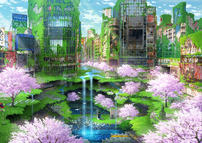 animal, banner, billboard, bird, broken_window, cherry_blossoms, city, commentary_request