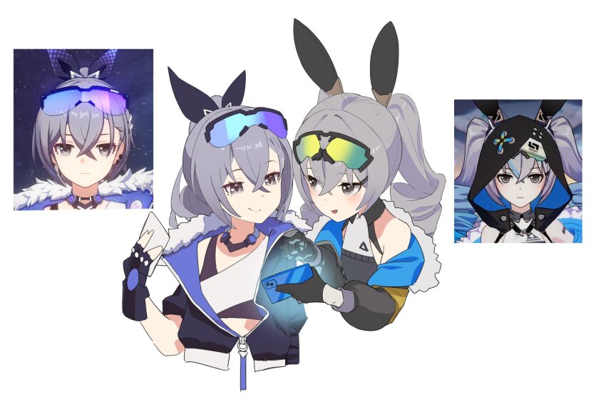 2girls, animal_ears, black_gloves, bronya_zaychik, bronya_zaychik_(haxxor_bunny), cellphone, commentary, drill_hair
