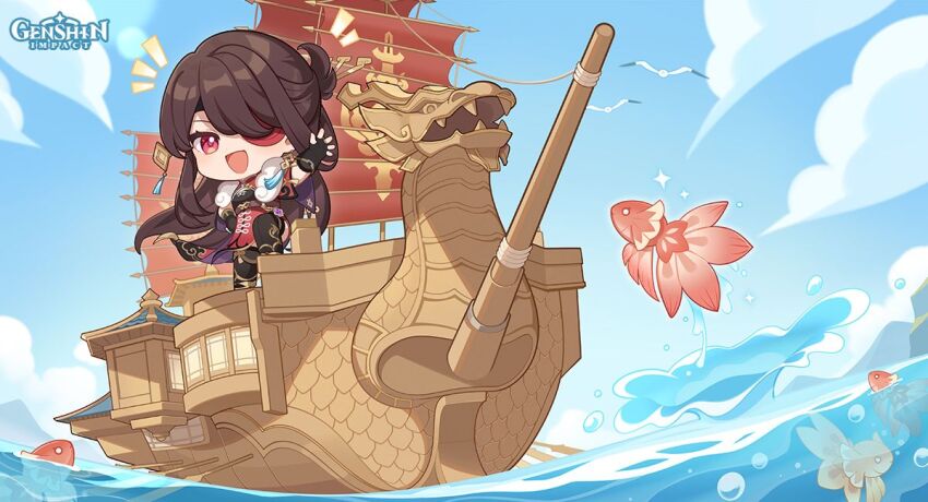 1girl, air_bubble, beidou_(genshin_impact), black_boots, black_gloves, black_hair, black_thighhighs, blue_sky