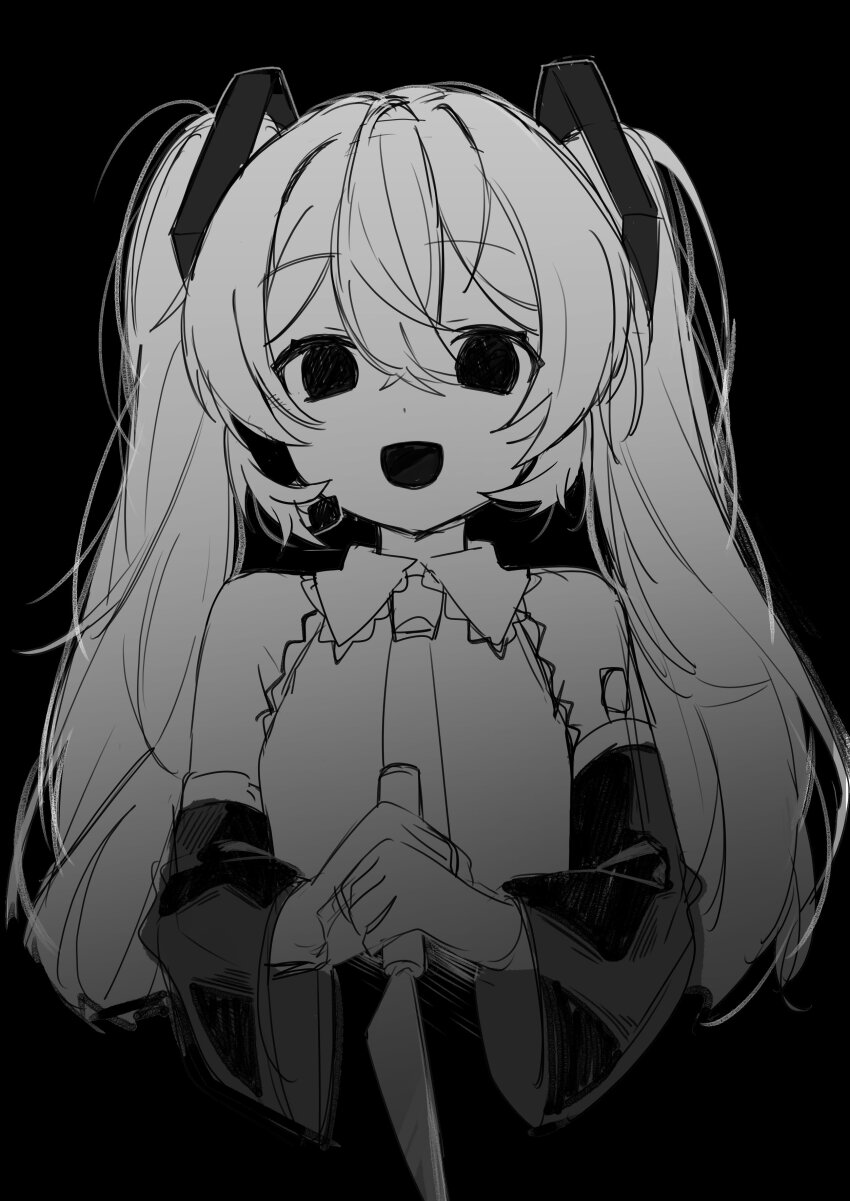 1girl, :d, absurdres, bare_shoulders, collared_shirt, commentary, cropped_torso, detached_sleeves