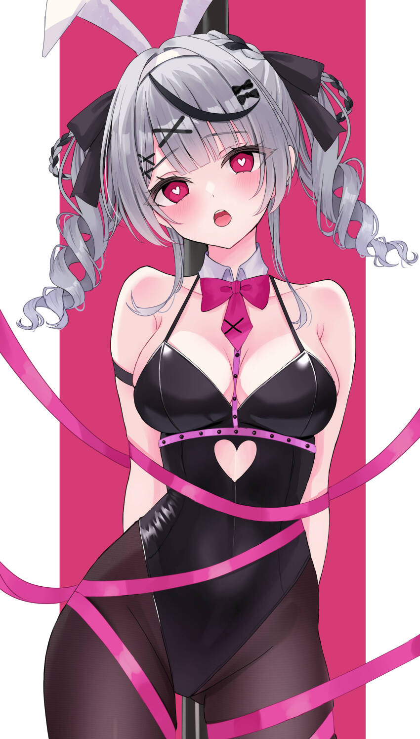 1girl, absurdres, alternate_costume, alternate_hairstyle, animal_ears, arms_behind_back, bare_shoulders, black_hair, black_leotard, blunt_bangs, blush, bound, bow, bowtie, breasts, chestnut_mouth, cleavage, clothing_cutout, collar, commentary, contrapposto, detached_collar, drill_hair, fake_animal_ears, folded_braid, gluteal_fold, grey_hair, hair_bow, hair_intakes, hair_ornament, hair_ribbon, heart, heart-shaped_pupils, heart_cutout, highres, hololive, knees_out_of_frame, leotard, long_hair, looking_at_viewer, medium_breasts, multicolored_hair, open_mouth, pantyhose, pillarboxed, pink_background, pink_bow, pink_bowtie, pink_eyes, playboy_bunny, pole, rabbit_ears, rabbit_hole_(vocaloid), ribbon, sakamata_chloe, solo, standing, straight-on, streaked_hair, stripper_pole, suineco, symbol-shaped_pupils, teeth, twin_drills, two-tone_background, upper_teeth_only, virtual_youtuber, white_background, white_collar, wing_collar, x_hair_ornament
