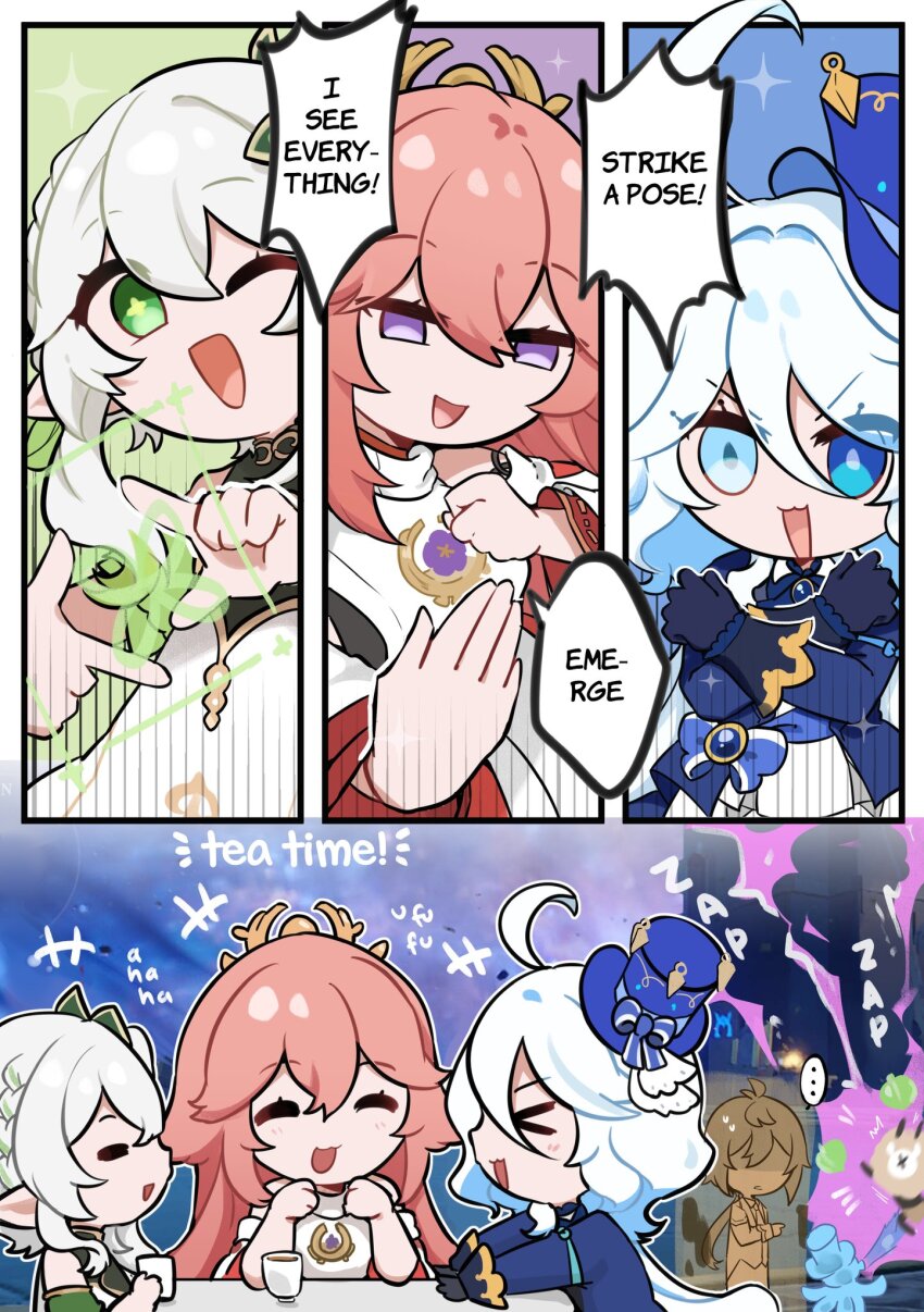 1other, 3girls, blue_eyes, blue_gloves, blue_headwear, commentary, cowlick, crossed_arms