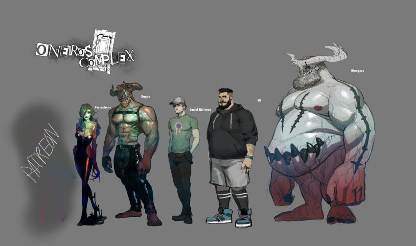 1girl, 4boys, abs, absurdres, bara, barefoot, beard, belt, big_belly, black_nails, black_sclera, blindfold, blood, body_markings, character_request, colored_sclera, colored_skin, completely_nude, covered_eyes, crotchless, crotchless_pants, curled_horns, dagda_(philipposole), demon_boy, demon_horns, denim, dionysus_(philipposole), eli_(philipposole), facial_hair, fat, fat_man, from_side, full_beard, full_body, goatee, gradient_skin, grey_hair, grey_skin, hairy, height_chart, helmet, helmet_over_eyes, highres, horns, jeans, large_feet, large_hands, large_pectorals, latex, latex_pants, long_beard, male_focus, mars_symbol, mature_male, monster_boy, multiple_boys, multiple_horns, muscular, muscular_arms, muscular_male, mustache_stubble, nail_polish, navel, navel_hair, nipple_piercing, nipple_rings, nipples, no_penis, nude, oneiros_complexe, original, pants, pectorals, philipposole, piercing, ring_piercing, sharp_teeth, short_hair, size_difference, sparse_chest_hair, sparse_navel_hair, standing, stitches, stomach, stomach_mouth, stubble, tachi-e, teeth, thick_arm_hair, thick_beard, thighs, toenail_polish, toenails, tusks, veins, veiny_arms, white_background