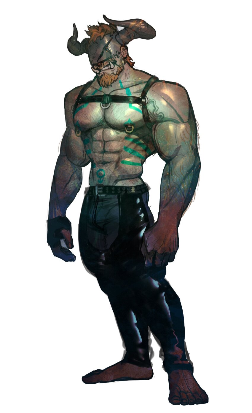 1boy, abs, absurdres, bara, barefoot, beard, belt, blindfold, body_markings, colored_skin, covered_eyes, crotchless, crotchless_pants, curled_horns, dagda_(philipposole), demon_boy, demon_horns, denim, facial_hair, full_beard, full_body, goatee, gradient_skin, grey_skin, hairy, helmet, helmet_over_eyes, highres, horns, jeans, large_pectorals, latex, latex_pants, male_focus, mars_symbol, mature_male, monster_boy, muscular, muscular_legs, muscular_male, mustache_stubble, navel, navel_hair, nipple_piercing, nipple_rings, nipples, oneiros_complexe, original, pants, pectorals, philipposole, piercing, ring_piercing, short_hair, solo, sparse_chest_hair, sparse_navel_hair, standing, stomach, stubble, tachi-e, thick_arm_hair, thick_beard, thighs, tusks, veins, veiny_arms