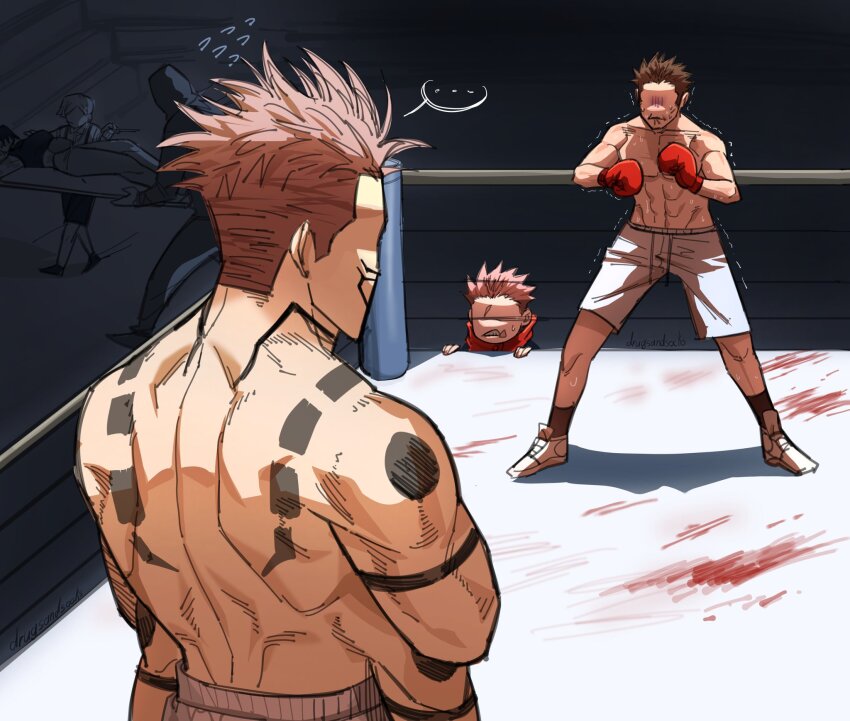 1girl, 5boys, arm_tattoo, black_hair, blood, boxing_gloves, boxing_ring, brown_hair, chest_tattoo, cowboy_shot, drugsandsocks, extra_arms, facial_tattoo, frown, full_body, highres, hood, hood_down, hoodie, ino_takuma, itadori_yuji, jujutsu_kaisen, kusakabe_atsuya, multiple_boys, red_hoodie, ryoumen_sukuna_(jujutsu_kaisen), ryoumen_sukuna_(true_form)_(jujutsu_kaisen), shoes, short_hair, shorts, standing, stretcher, tattoo, topless_male, ui_ui_(jujutsu_kaisen), white_footwear, white_shorts, zen'in_maki