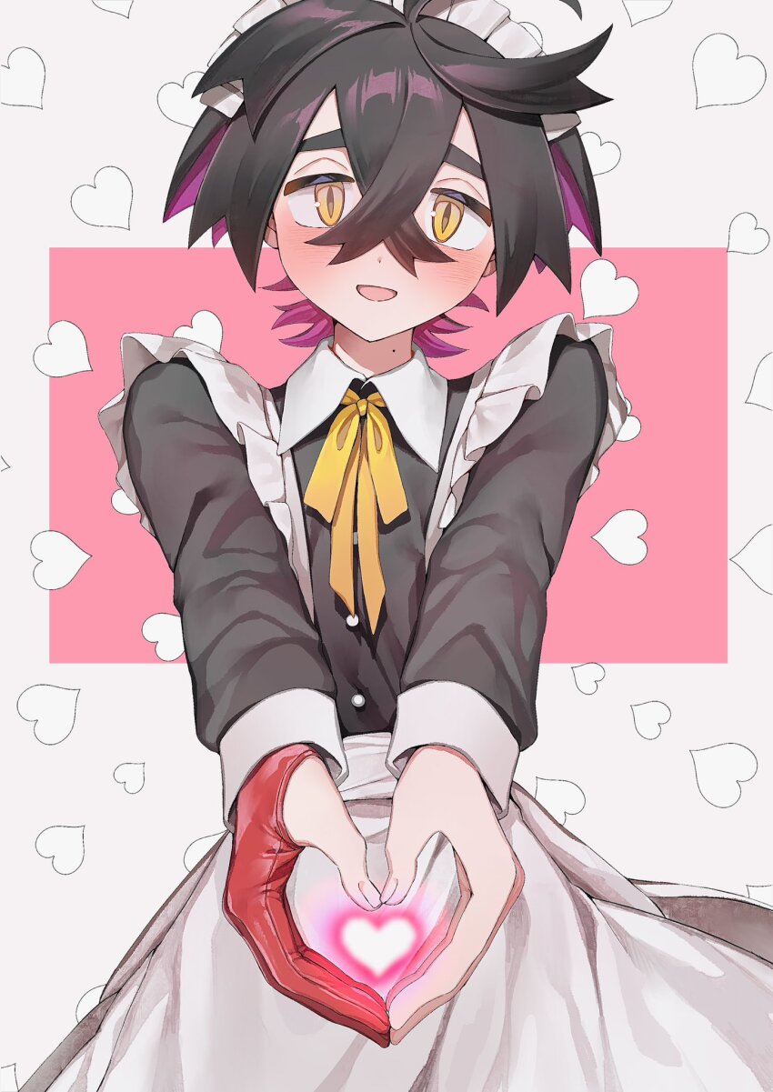 1boy, apron, black_dress, black_hair, blush, crossdressing, crossdressing_(mtf), crossed_bangs