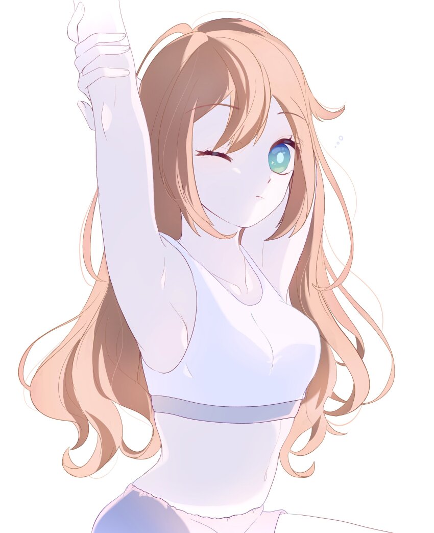 1girl, absurdres, alternate_costume, arms_up, breasts, bright_pupils, closed_mouth, collarbone