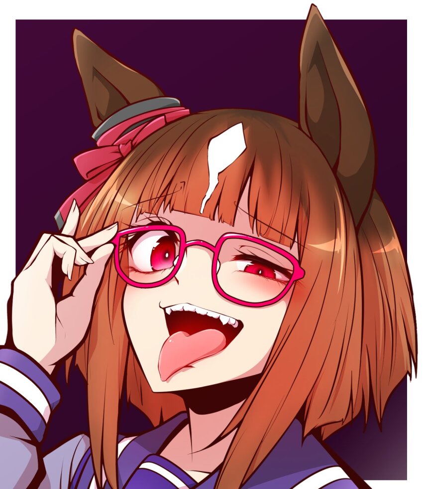 1girl, adjusting_eyewear, animal_ears, blunt_bangs, bow, bright_pupils, crazy_eyes, ear_bow, ear_ornament, highres, horse_ears, horse_girl, long_sleeves, looking_at_viewer, multicolored_hair, outside_border, pink-framed_eyewear, purple_background, purple_sailor_collar, rape_face, red_eyes, sailor_collar, solo, tongue, tongue_out, transcend_(umamusume), two-tone_hair, umamusume, uneven_eyes, white_hair, yonedatomo_mizu