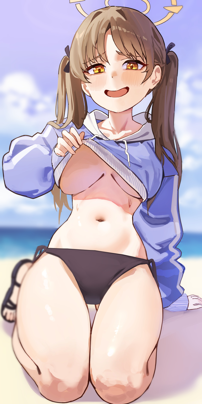 1girl, absurdres, bikini, black_bikini, blue_archive, blue_hoodie, blush, breasts, brown_hair, gubbi_on, halo, highres, hood, hood_down, hoodie, large_breasts, long_hair, long_sleeves, looking_at_viewer, moe_(blue_archive), moe_(swimsuit)_(blue_archive), navel, official_alternate_costume, open_mouth, sandals, smile, solo, swimsuit, twintails, yellow_eyes, yellow_halo