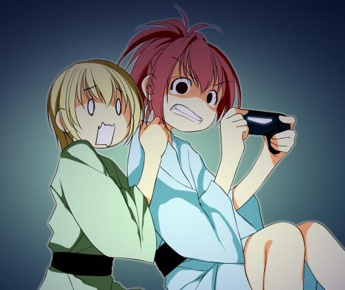 2girls, annette_harvey, atelier-moo, blonde_hair, chibi, controller, game_controller, giselle_theresia