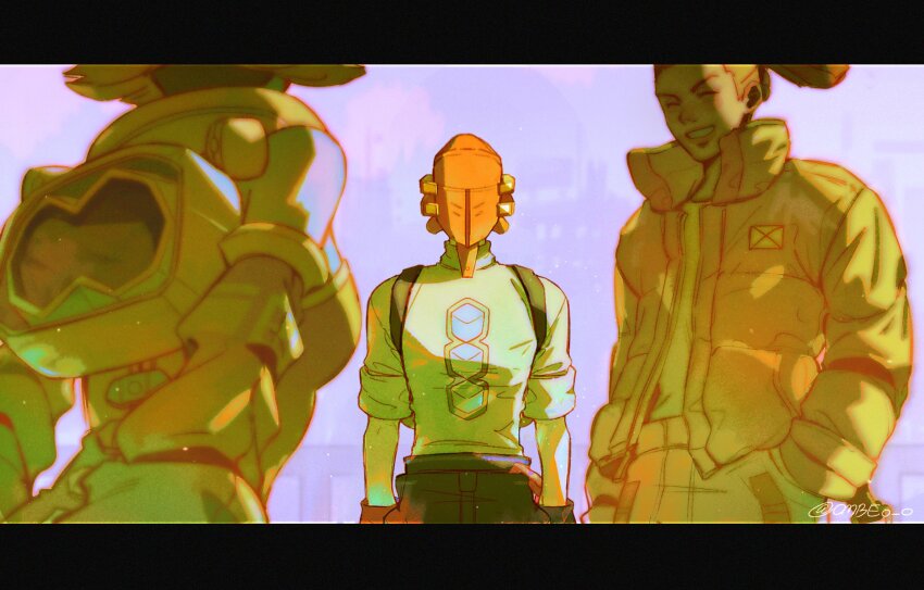 1girl, 2boys, bel_(bomb_rush_cyberfunk), bomb_rush_cyberfunk, closed_eyes, cyberhead, facing_another, facing_viewer