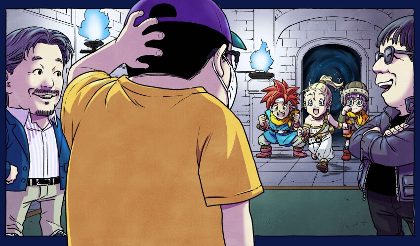 2girls, 4boys, absurdres, arm_behind_head, bandana, bandana_around_neck, bare_shoulders, blonde_hair