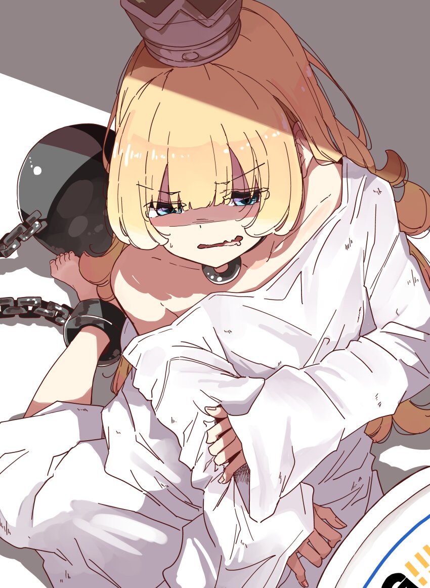 1girl, absurdres, ball_and_chain_restraint, bare_shoulders, barefoot, blonde_hair, chain, crown