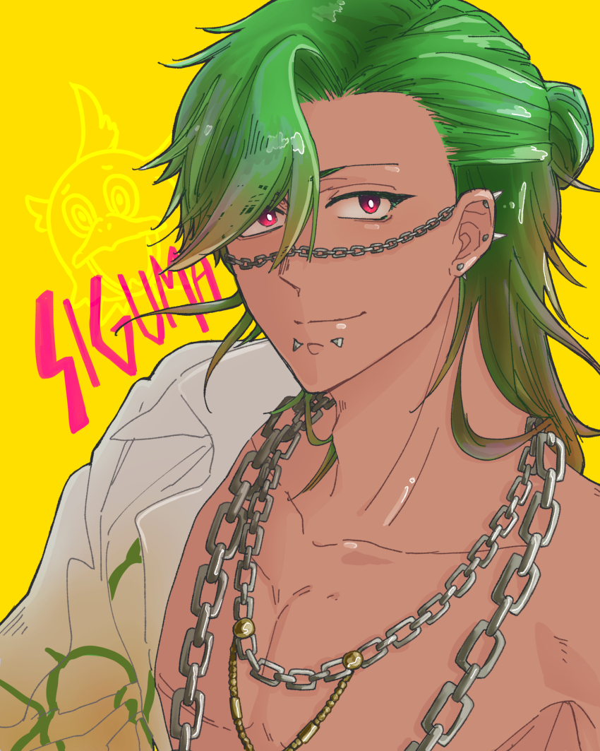 1boy, absurdres, bucchigiri?!, chain, collarbone, ear_piercing, face_piercing, green_hair