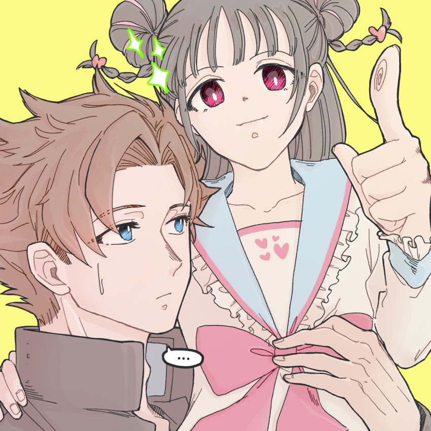 ..., 1boy, 1girl, asamine_matakara, black_hair, blue_eyes, bow, braid, brown_hair, bucchigiri?!, double_bun, hair_bun, hair_ornament, heart, heart_hair_ornament, heart_print, highres, index_finger_raised, jin_mahoro, long_hair, mastubada_(mtn_akr), multicolored_hair, pink_bow, pink_eyes, pink_hair, school_uniform, spoken_ellipsis, streaked_hair, sweatdrop, twin_braids, yellow_background