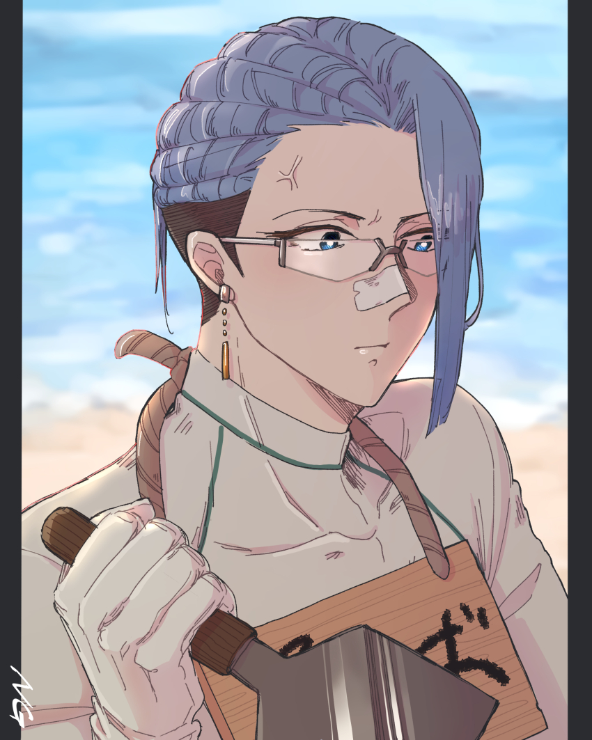 absurdres, beach, black_hair, blue_eyes, bucchigiri?!, covered_collarbone, day, earrings