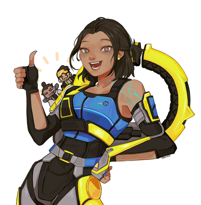 +_+, 1girl, 2boys, animification, apex_legends, blue_nails, blue_shirt, breasts