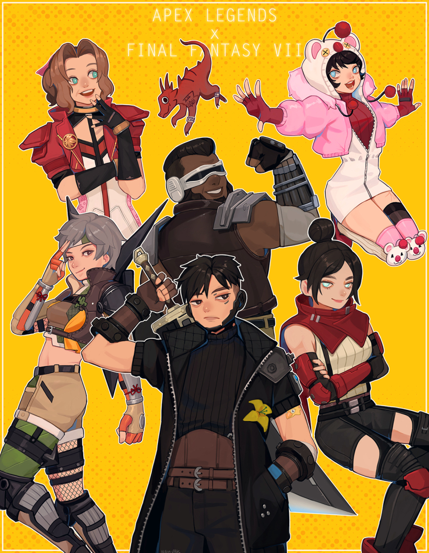 2boys, 4girls, 7th_heaven_skirmisher_wraith, aerith_gainsborough, aerith_gainsborough_(cosplay), animification, apex_legends, barret_wallace