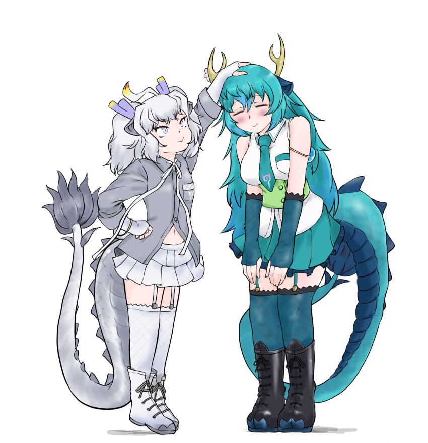 2girls, :>, animal_ears, bare_shoulders, black_footwear, blue_dragon_(kemono_friends), blue_gloves, blue_hair