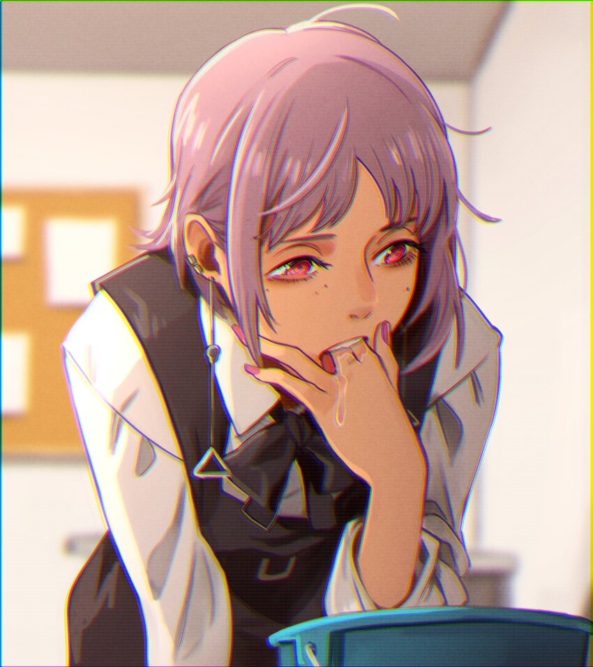 1girl, absurdres, apron, black_apron, blurry, blurry_background, bucket, bulletin_board, chainsaw_man, chromatic_aberration, collared_shirt, commentary, ear_piercing, earrings, english_commentary, fami_(chainsaw_man), finger_in_own_mouth, heavy_chromatic_aberration, highres, imminent_vomiting, jewelry, khyle., long_hair, long_sleeves, mole, mole_under_eye, open_mouth, piercing, pink_eyes, pink_nails, purple_hair, red_eyes, saliva, shirt, solo, teeth, upper_body, upper_teeth_only, white_shirt