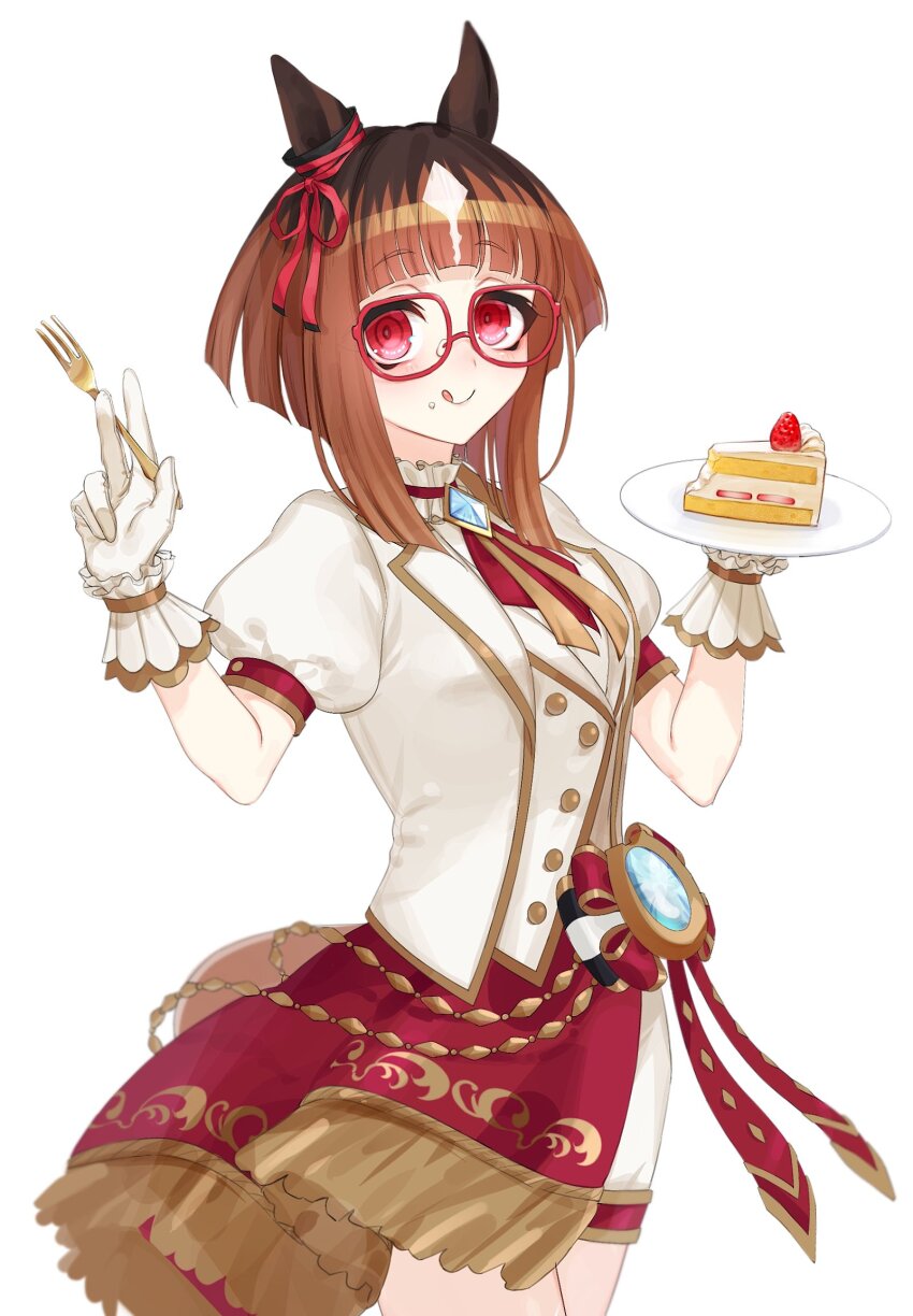 1girl, :d, animal_ears, blunt_bangs, brown_hair, cake, food, fork