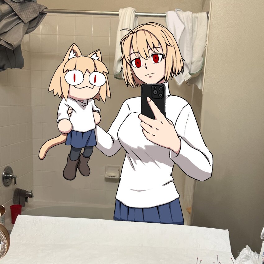 <|>_<|>, 2girls, :3, animal_ears, arcueid_brunestud, bathroom, bathtub, blonde_hair, blue_skirt, breasts, brown_footwear, cat_ears, cat_tail, cellphone, chibi, commentary, english_commentary, faucet, ferr, hand_up, highres, holding, holding_phone, guys_holding_babies_(meme), indoors, large_breasts, long_sleeves, looking_at_viewer, melty_blood, meme, multiple_girls, neco-arc, neco_spirit, phone, photo-referenced, photo_background, pleated_skirt, red_eyes, selfie, short_hair, skirt, smartphone, smile, solo, sweater, tail, tsukihime, white_sweater
