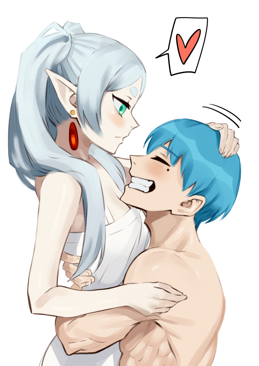 1boy, 1girl, absurdres, blue_hair, clothed_female_nude_male, couple, dingotoad, earrings, elf, floating_earrings, frieren, green_eyes, grey_hair, hetero, highres, himmel_(sousou_no_frieren), holding, hug, jewelry, mole, mole_under_eye, nude, pajamas, pointy_ears, serious, simple_background, smile, sousou_no_frieren, speech_bubble, touching_another's_back, white_pajamas