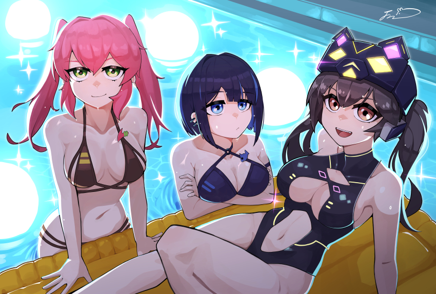 3girls, absurdres, adapted_costume, alternate_costume, bikini, blue_eyes, blue_hair, breasts, brown_eyes, brown_hair, cleavage, clothing_cutout, dillo_(smootharmadillo), duel_monster, evil_twin_ki-sikil, evil_twin_lil-la, green_eyes, highres, i:p_masquerena, inflatable_raft, ki-sikil_(yu-gi-oh!), lil-la_(yu-gi-oh!), looking_at_viewer, medium_breasts, multiple_girls, navel, navel_cutout, night, partially_submerged, pink_hair, pool, smile, swimsuit, twintails, underboob, yu-gi-oh!