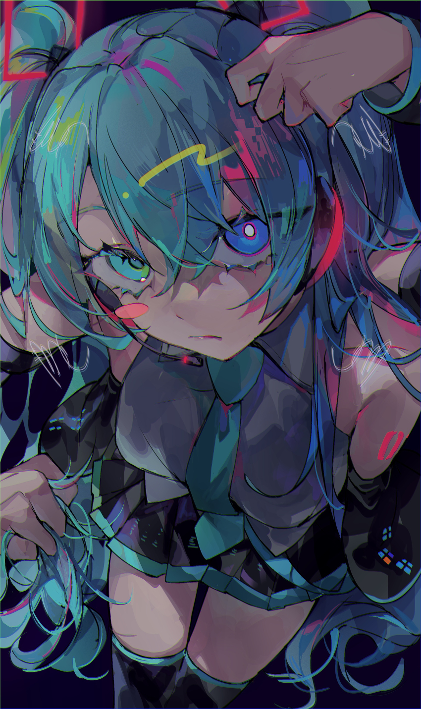 1girl, absurdres, aqua_eyes, aqua_hair, aqua_necktie, black_skirt, black_thighhighs, blue_eyes