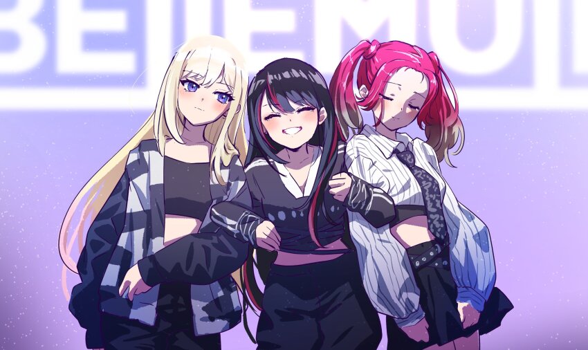 3girls, ai_(denonbu), black_hair, black_necktie, black_pants, black_shirt, black_skirt, blonde_hair, closed_eyes, closed_mouth, collared_shirt, commentary_request, cowboy_shot, crop_top, denonbu, facing_viewer, group_name, happy, highres, jacket, lico_(denonbu), locked_arms, long_hair, long_sleeves, looking_at_another, midriff, multicolored_hair, multiple_girls, necktie, open_clothes, open_jacket, open_mouth, pants, parted_bangs, pink_hair, puffy_long_sleeves, puffy_sleeves, purple_eyes, shirt, skirt, smile, standing, streaked_hair, twintails, very_long_hair, wanowanoji67, white_shirt, yuna_(denonbu)