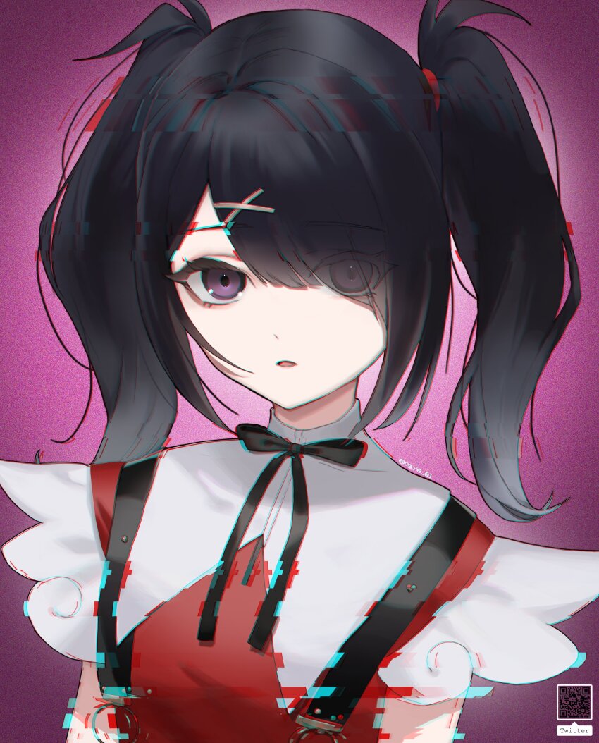 1girl, absurdres, ame-chan_(needy_girl_overdose), black_hair, black_ribbon, chromatic_aberration, collared_shirt, commentary
