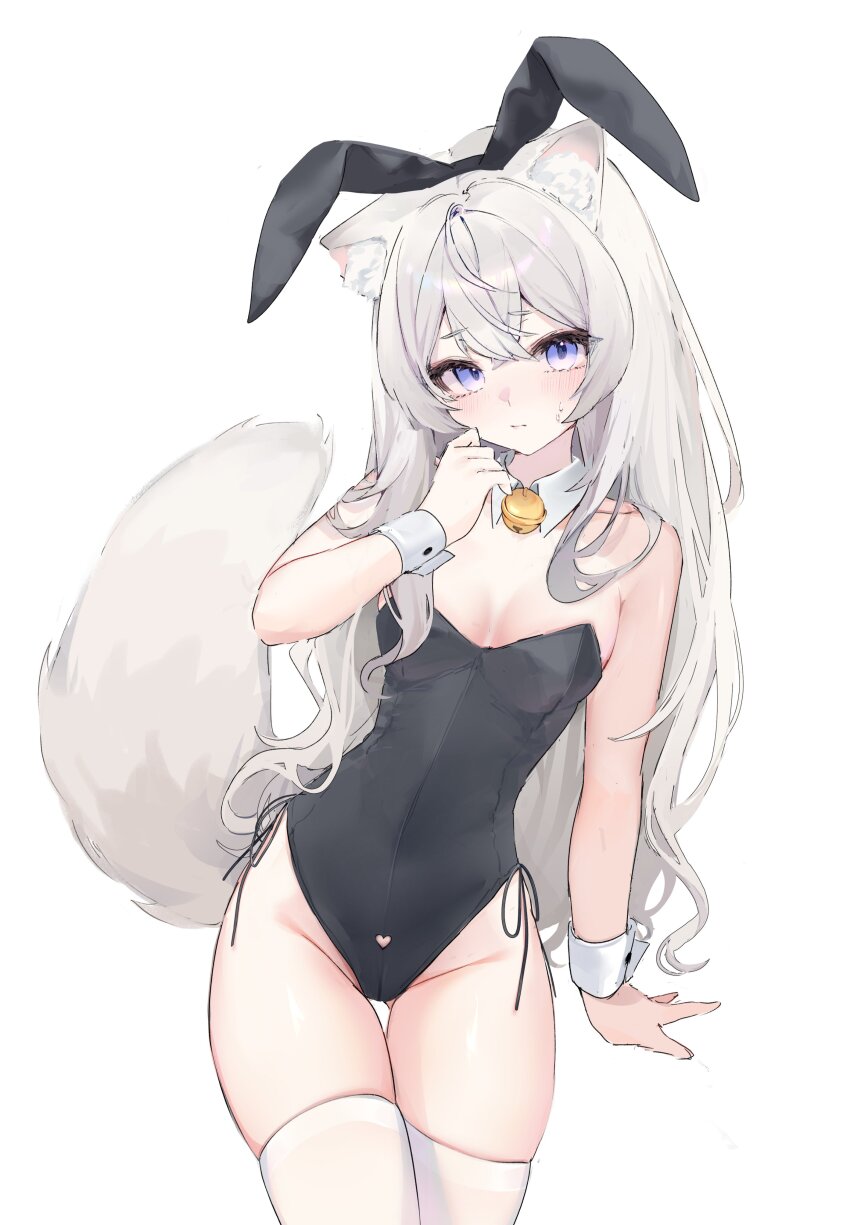1girl, absurdres, animal_ears, arm_support, bare_shoulders, black_leotard, blush, breasts, breasts_apart, cat_ears, cat_girl, cat_tail, closed_mouth, collarbone, cowboy_shot, crotch_seam, cweamcat, detached_collar, fake_animal_ears, gluteal_fold, grey_hair, hand_up, hashtag-only_commentary, head_tilt, highleg, highleg_leotard, highres, indie_virtual_youtuber, iomaaki, legs_together, leotard, long_hair, looking_at_viewer, medium_breasts, playboy_bunny, purple_eyes, rabbit_ears, solo, straight_hair, tail, thigh_gap, thighhighs, thighs, virtual_youtuber, white_background, white_thighhighs, white_wrist_cuffs, wrist_cuffs