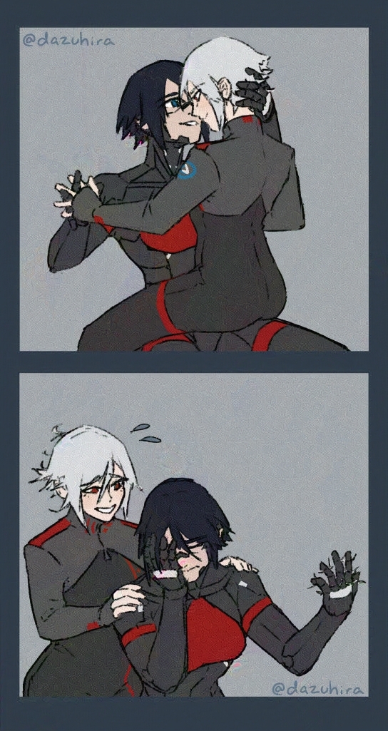 2girls, android, ariane_yeong, ass, cyberpunk, dazuhira, elster_(signalis), joints, mechabare, metal_skin, multiple_girls, red_eyes, robot_girl, robot_joints, short_hair, signalis, smile, yuri