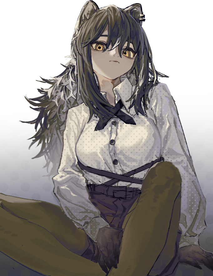 1girl, animal_ears, arknights, arm_support, bags_under_eyes, black_hair, black_shorts, claws