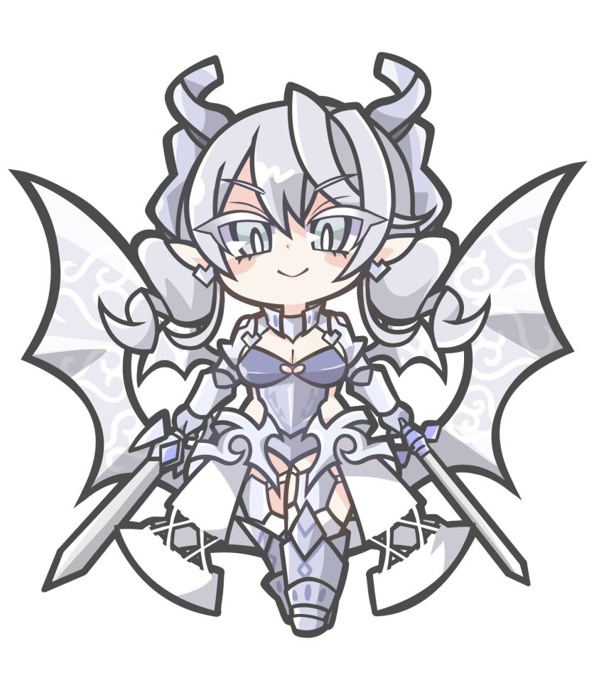 1girl, armor, breasts, chibi, cleavage, demon_girl, demon_wings, drill_hair