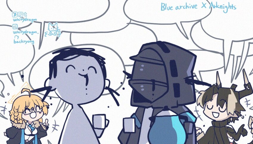 +++, 1girl, 1other, 2boys, ahoge, ambiguous_gender, arknights, black_hair