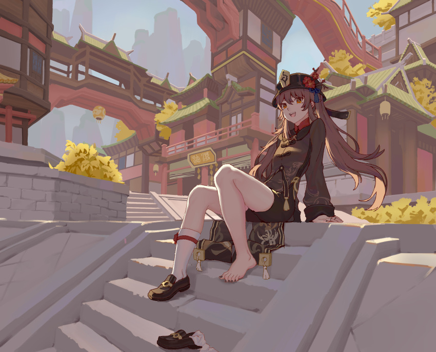 1girl, :d, absurdres, architecture, bare_legs, barefoot, black_hat, black_nails, black_shoes, black_shorts, brown_hair, building, chinese_clothes, day, east_asian_architecture, feet, flower, flower-shaped_pupils, full_body, genshin_impact, hat, hat_flower, highres, hu_tao_(genshin_impact), left_shoe_removed, legs, liyue_harbor, loafers, long_hair, long_sleeves, looking_at_viewer, nail_polish, open_mouth, outdoors, porkpie_hat, red_eyes, shade, shoes, short_shorts, shorts, single_shoe, sitting, sitting_on_stairs, smile, socks, solo, stairs, stone_stairs, symbol-shaped_pupils, teeth, toenail_polish, toenails, toes, twintails, unworn_shoes, unworn_socks, upper_teeth_only, white_socks, youpofen